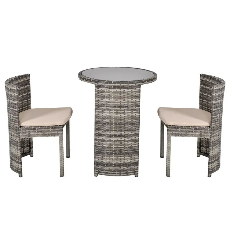 Outsunny 3 PCS Outdoor Rattan Wicker Bistro Set with Storage Shelf, Glass Top Table, Soft Cushioned Chairs and Space Saving Design, Patio Conversation Set for Garden Backyard Porch, Grey