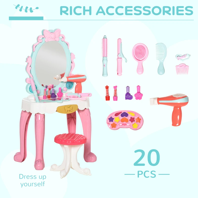 Qaba Kids Vanity Makeup Table Set with Chair and 20-Piece Collection, Princess Vanity Table and Stool with Mirror Lights, Imaginative Toy for 3-4 Years Old