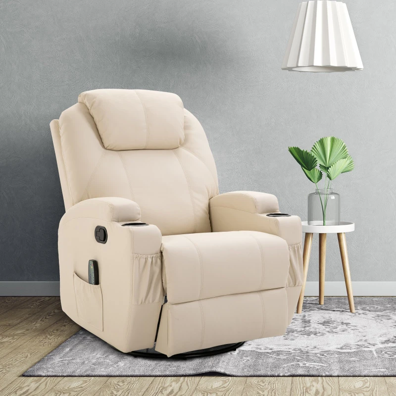 HOMCOM PU Leather Massing Recliner with 8-Point Vibration, Cup Holders, Manual Pull Handle and 360 Swivel, Beige