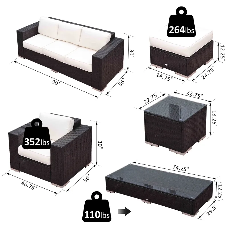 Outsunny 7pcs Rattan Sofa Set Outdoor Wicker Sectional Set Garden Patio Furniture Reclining Seat Ottoman w/ Pillow and Cushion Aluminum Frame