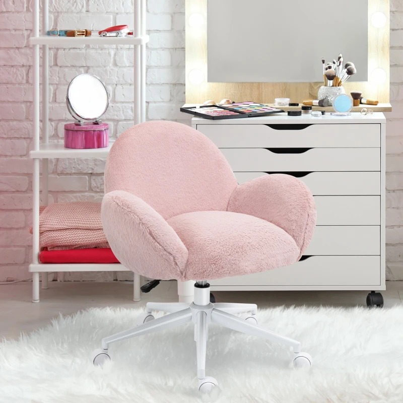 HOMCOM Faux Fur Leisure Chair Accent Chair Office Swivel Chair with Mid-Back Wide Design, Adjustable Seat Height, Steel Base, Wheels, Pink