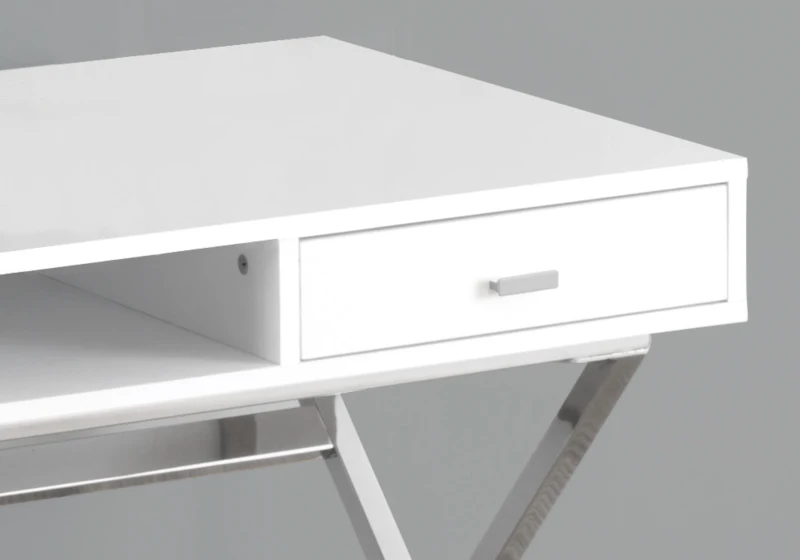Monarch 48" Contemporary X Braced Writing Computer Desk with Drawers - Glossy White / Chrome Metal