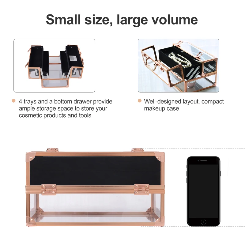 HOMCOM Portable Makeup Case Train Case Lockable Aluminum Rose Gold