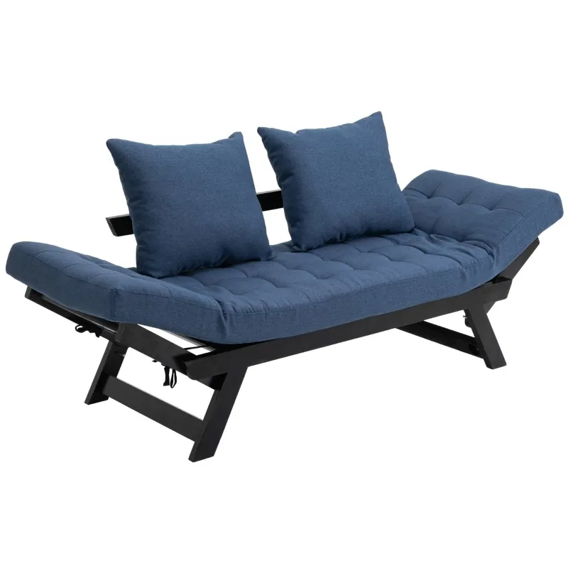 HOMCOM Single Person 3 Position Convertible Chaise Lounger Sofa Bed with 2 Large Pillows and Oak Frame, Dark Blue