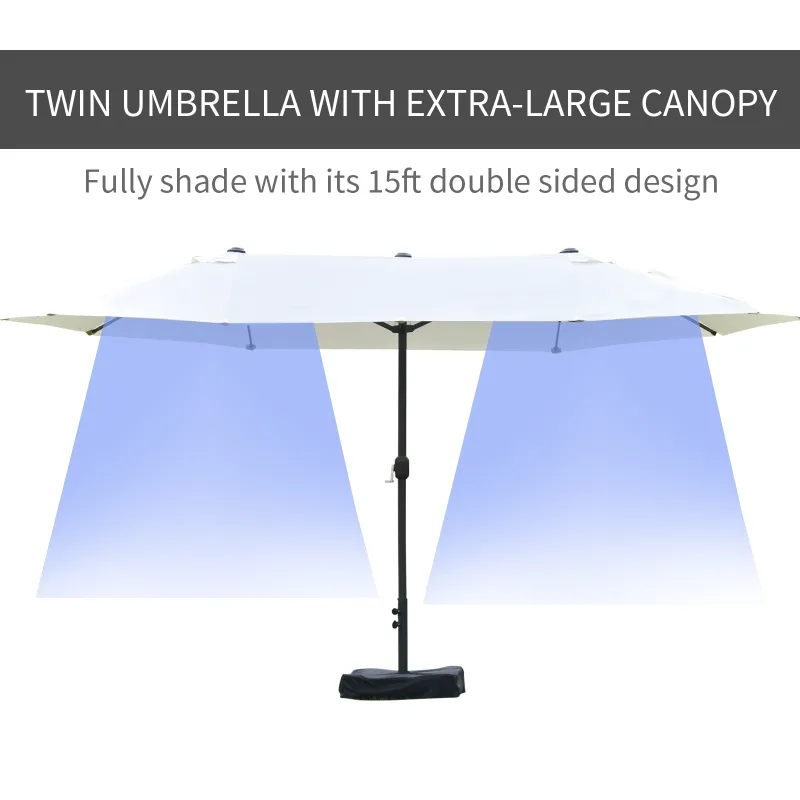 Outsunny Patio Umbrella 15' Steel Rectangular Outdoor Double Sided Market with base, UV Sun Protection & Easy Crank for Deck Pool Patio, Beige
