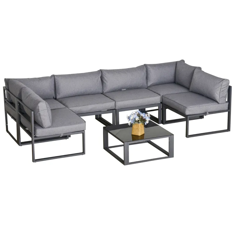 Outsunny 7 Pieces Outdoor Patio Furniture Set, Sofa Couch with Glass Coffee Table, Cushioned Chairs and Metal Frame, for Balcony Garden Backyard, Grey