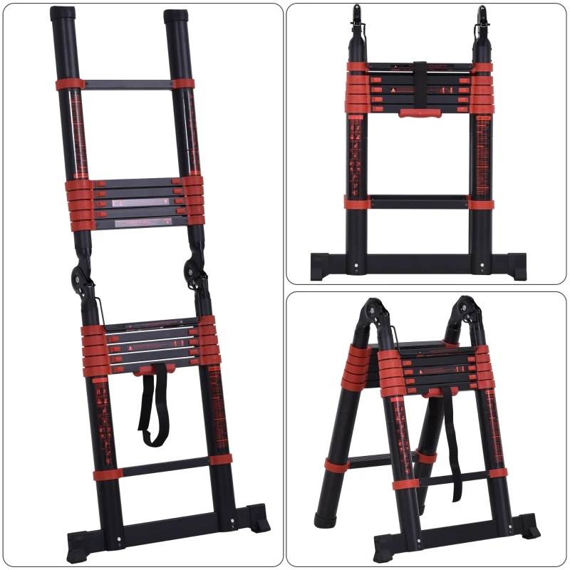 HOMCOM 12ft Aluminium Telescopic Extension Ladder, Heavy Duty Extendable Telescoping Ladder with Locking Mechanism, Non-slip Feet 330 Pound Capacity, EN131 Standard, Black