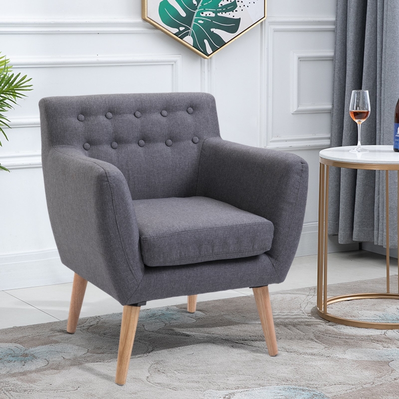HOMCOM Mid-Century Modern Accent Arm Chair Linen Upholstery Tufted Seat with Wood Frame Thick Padded Light Grey