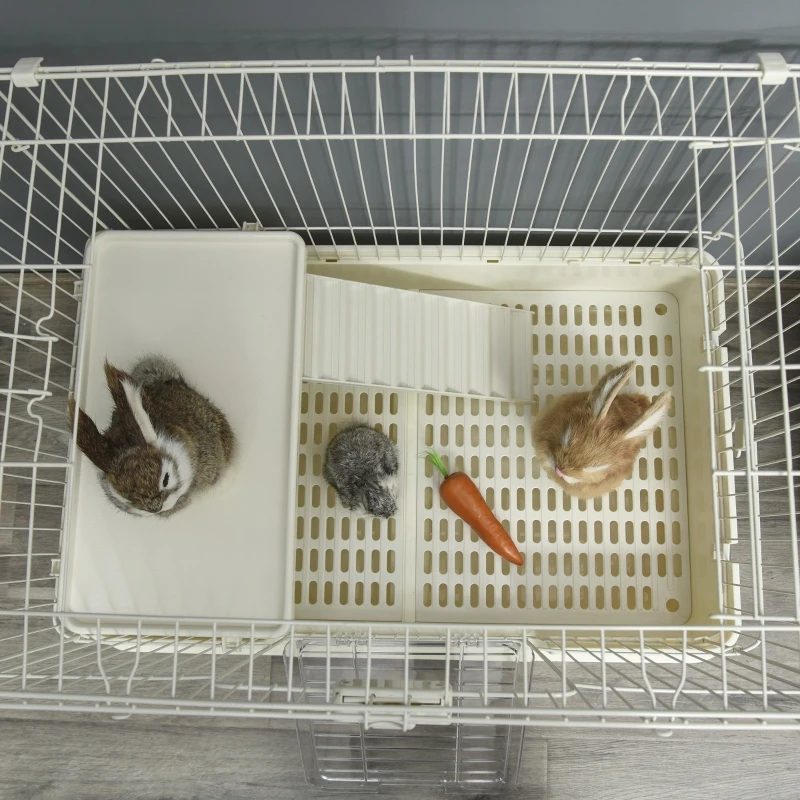 PawHut 2-Level Small Animal Cage Rabbit Hutch with Wheels, Removable Tray, Platform and Ramp for Bunny, Chinchillas, Ferret, White