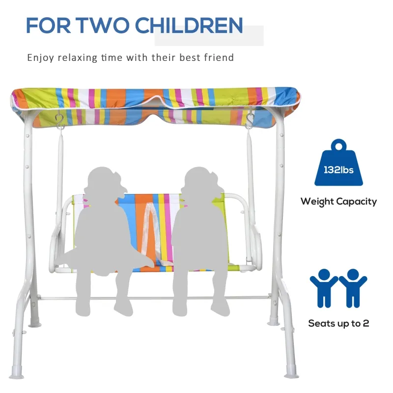 Outsunny Kids Porch Swing, Outdoor 2-Seat Children Patio Chair, Toddler Glider with Adjustable Canopy, Seat Belt for Garden Backyard Colorful Stripes