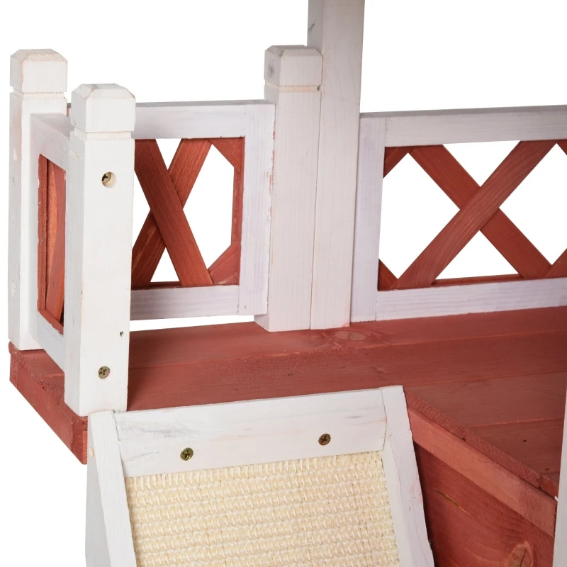 PawHut Outdoor Cat House Wooden Feral Cat Shelter, 2-Story Kitten Condo with Sisal Ramp, Weatherproof Roof and Balcony, Red