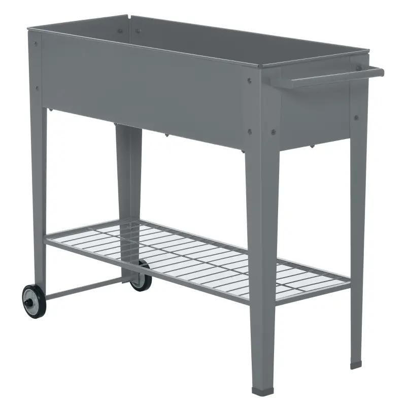 Outsunny 43" x 17" x 32" Elevated Planter Box with Legs Raised Garden Bed Elevated with 2 Wheels, Bottom Shelf for Storing Tools, & Water Drainage Hole, Grey