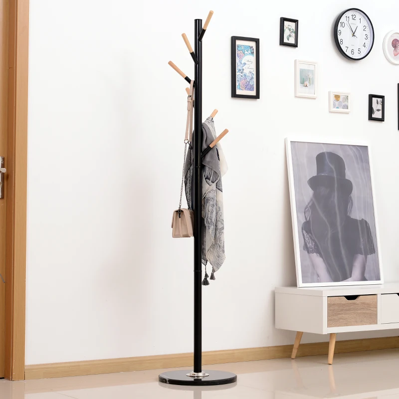 HOMCOM 69" Metal Freestanding Modern Tree Branch 6 Wooden Rack Coat Rack With Marble Base - Black