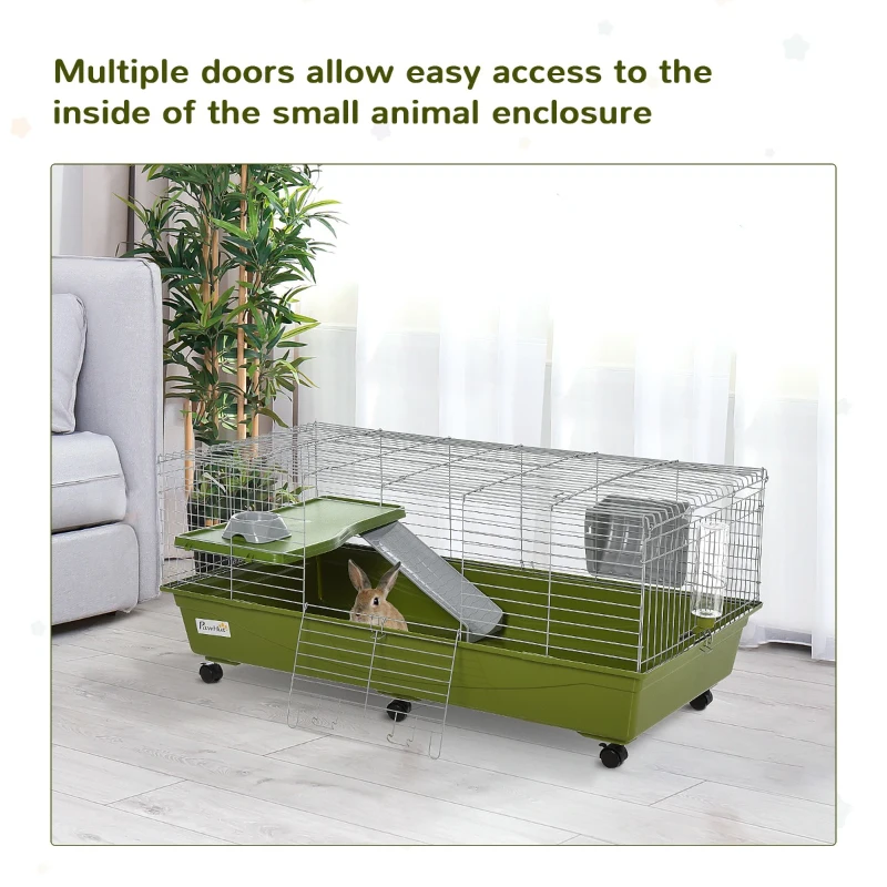PawHut 47" Small Animal Cage Chinchilla Guinea Pig Hutch Pet House with Platform Ramp, Food Dish, Wheels, & Water Bottle