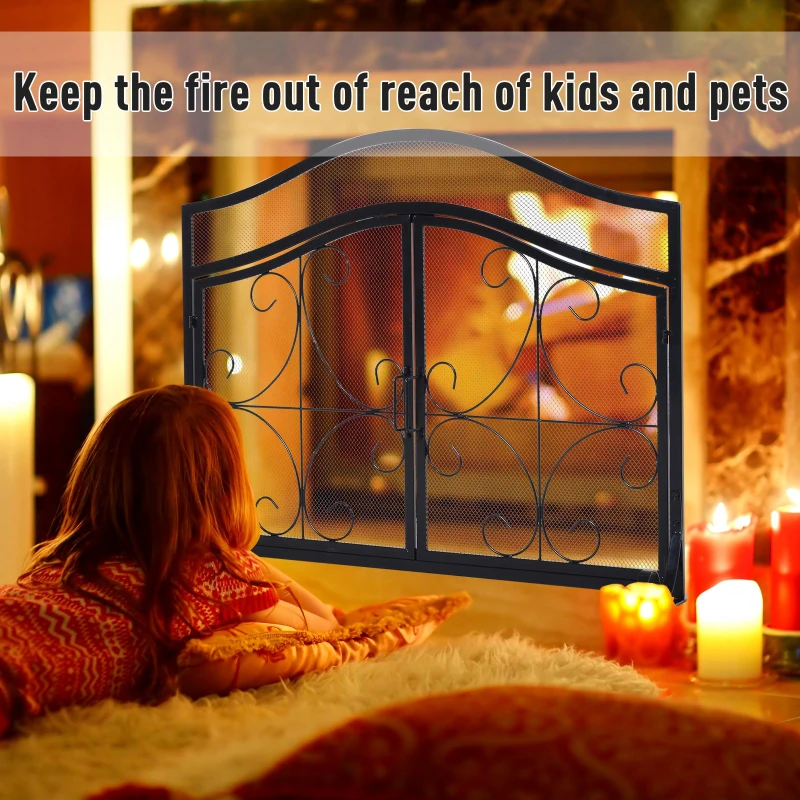 HOMCOM Fireplace Mesh Screen with Hinged Magnetic Doors and Standing Decorative Scrollwork