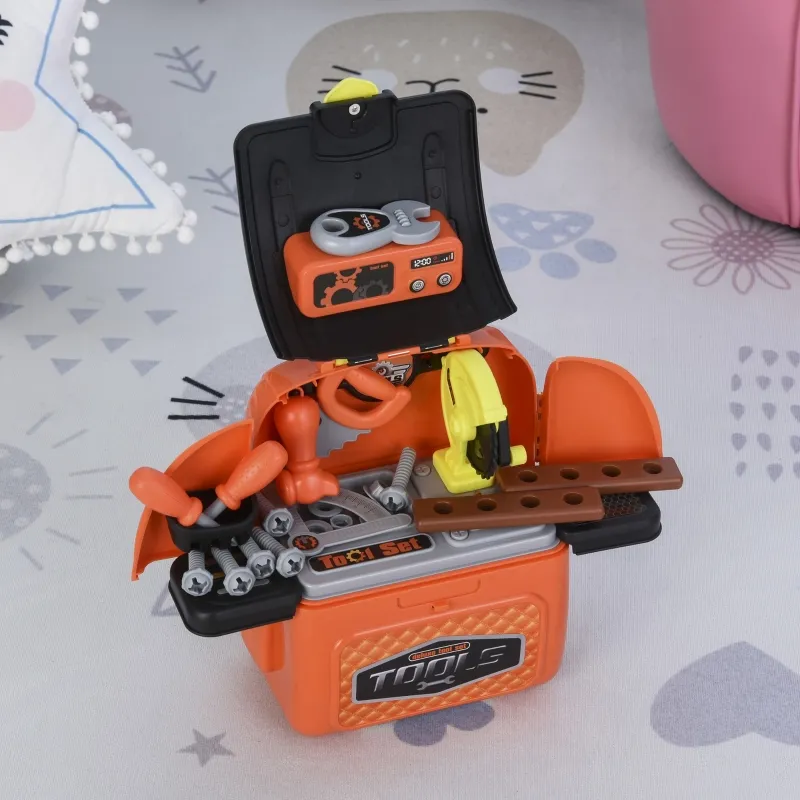 Qaba 34-Pieces Kids Tools Play Set Backpack Realistic Workbench Construction Toy for Boys Workshop Children Storage Carry Case Pretend Worker Costume Orange