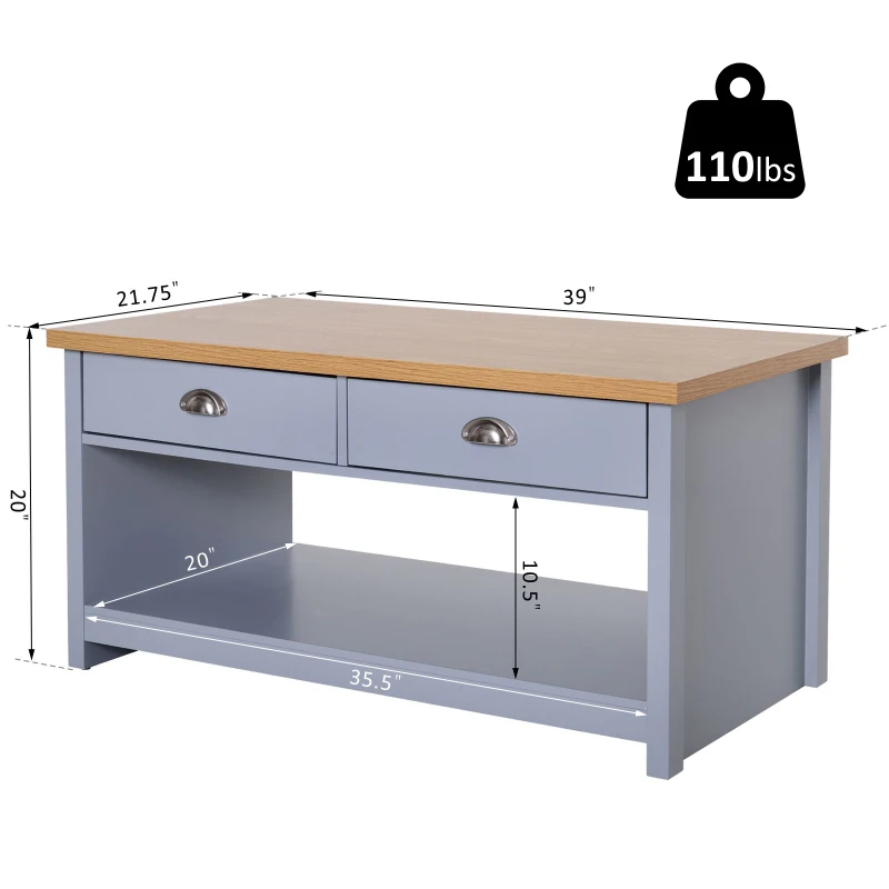 HOMCOM Coffee Table with Storage Shelf and Drawers Vintage