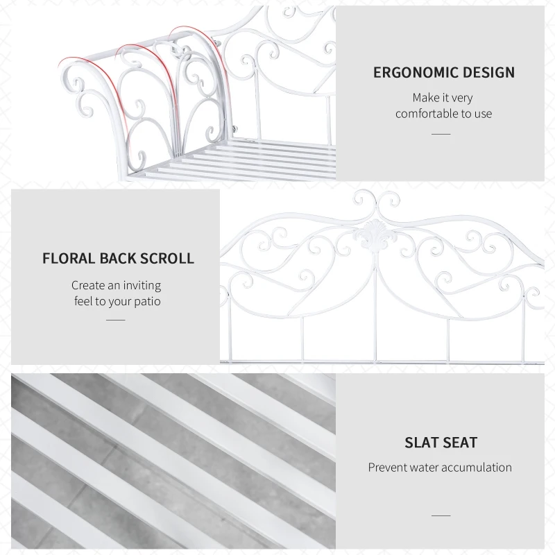 Outsunny Two-Seat Iron Garden Bench Outdoor Metal Patio Loveseat Garden Seat Chair, White