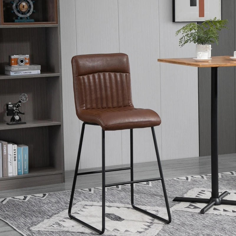 HOMCOM 30" Industrial Bar Stool, PU Leather Barstool with Footrest, Upholstered Armless Pub Height Chair, Brown / Black
