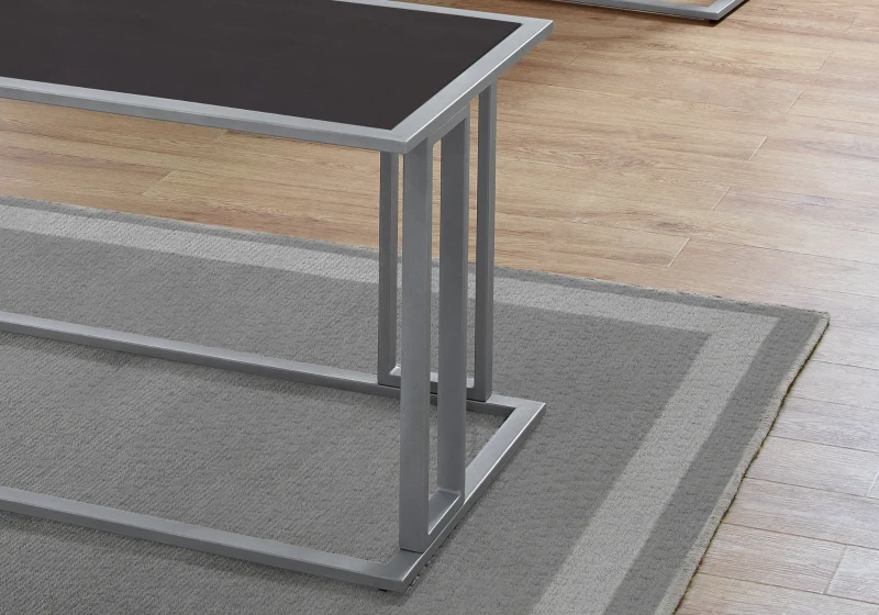 Monarch 3 Piece Modern Minimalist Smooth Laminate Coffee Table / Two Matching End Tables Set - Cappuccino / Silver Metal