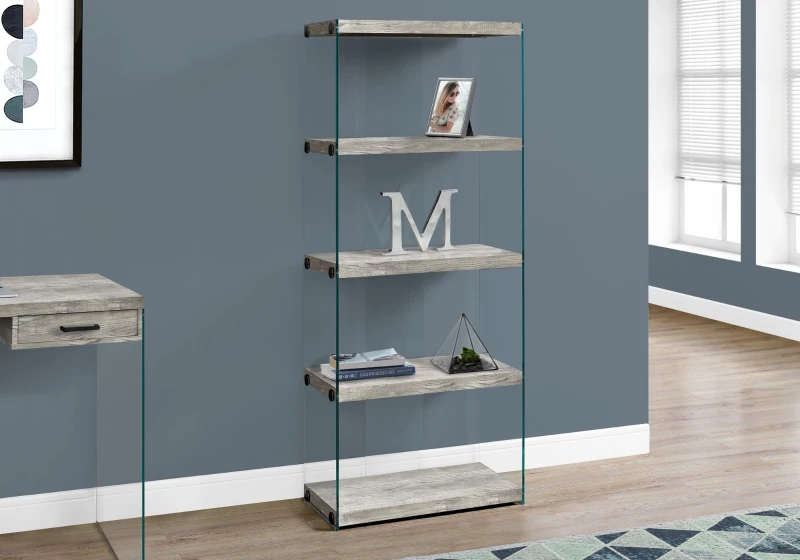 Monarch 60" H Bookcase with 4 Shelves and Glass Side Pannels - Grey Reclaimed Wood-Look / Tempered Glass