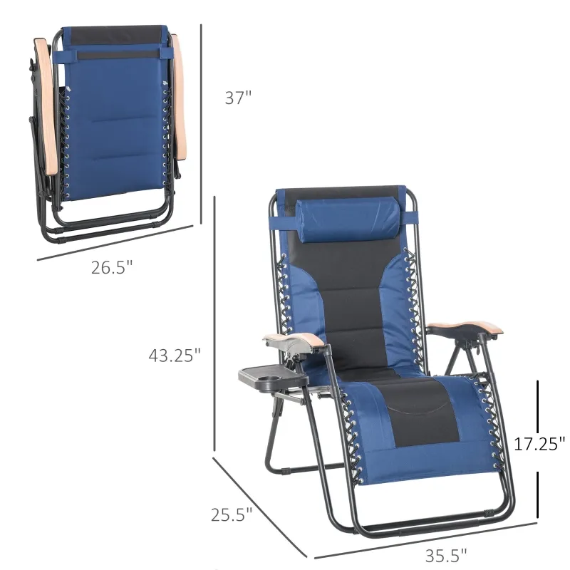 Outsunny Foldable Outdoor Lounge Chair with Footrest, Oversized Padded Zero Gravity Lounge Chair with Headrest, Cup Holders, Armrests for Camping, Lawn, Garden, Pool, Blue