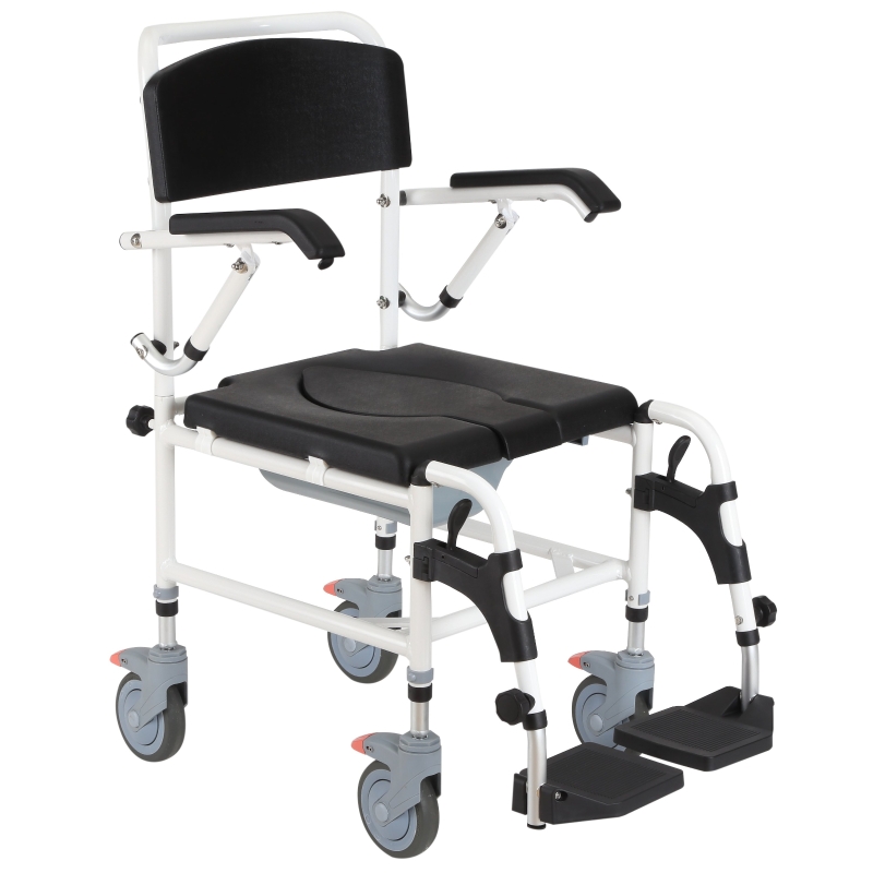 HOMCOM Accessibility Commode Wheelchair with 4 Castor Wheels and Rectangle Detachable Bucket - Black
