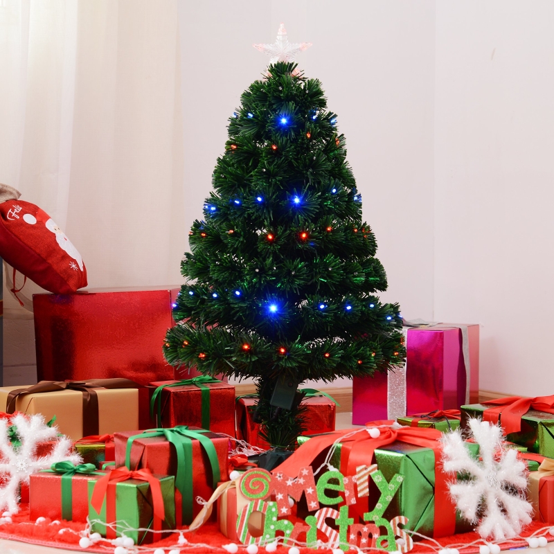 HOMCOM 3FT Pre-lit LED Optical Fiber Christmas Tree Artificial Holiday Décor with Stand