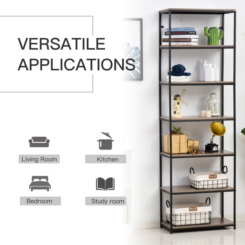 HOMCOM Modern 7 Tier Bookshelf Bookcase Utility Storage Shelf Organizer for Home Office with Display Rack Metal Frame, Grey Oak