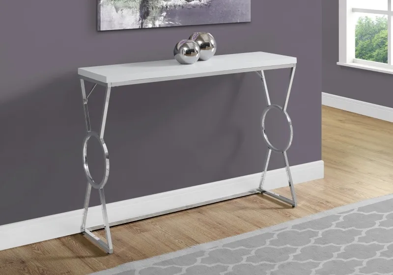 Monarch 42" Contemporary Chrome Metal Circle-X Frame Accent Hall Sofa Console Table - Glossy White Finish