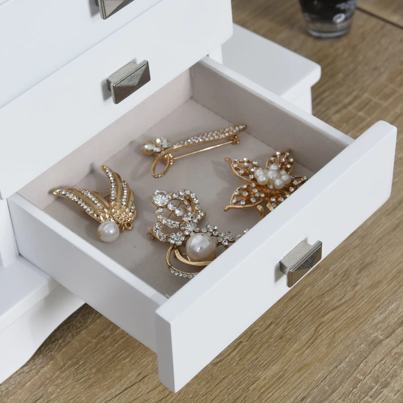 HOMCOM Tabletop Jewelry Box Beauty Organizer with Mirror, 6 Slot Shelves for Necklaces and Earrings, Lockable - White