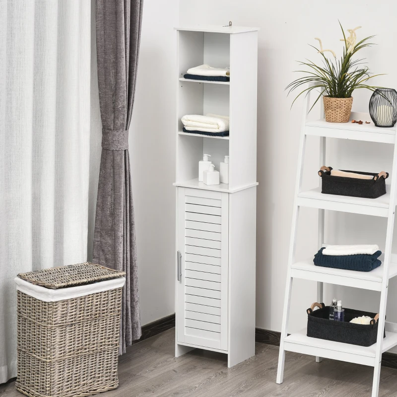 kleankin Tall Bathroom Floor Cabinet, Freestanding Linen Tower with Adjustable Shelf and Cupboard, Narrow Side Storage Organizer, White