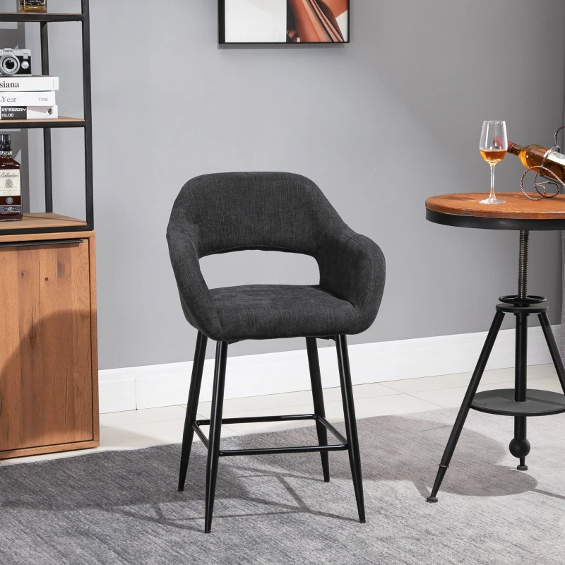 HOMCOM Counter Height Bar Stool Linen Fabric Upholstered Barstool Kitchen Breaskfast Chair with Footrest & Metal Legs, Dark Grey