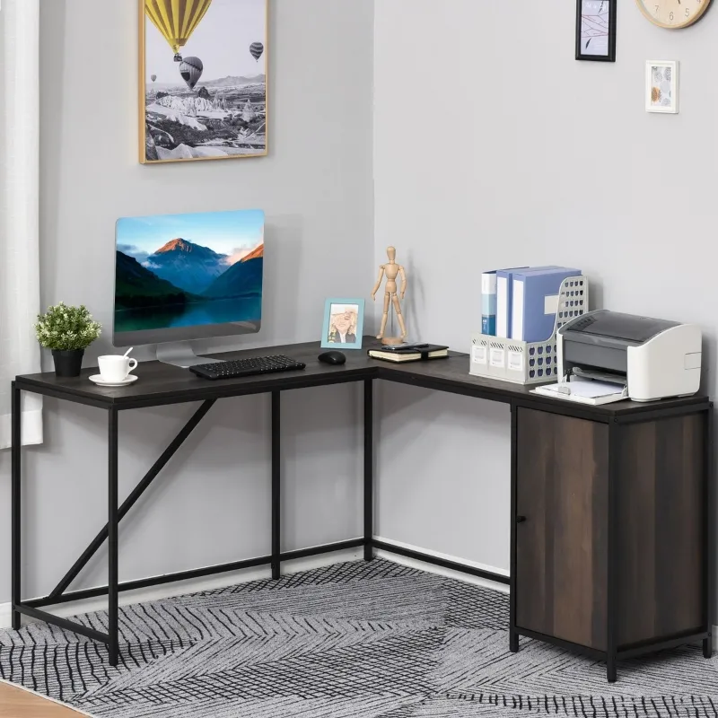 HOMCOM L-Shaped Computer Corner Desk with Storage Cabinet, Adjustable Shelf, Large Tabletop and Black Steel Frame, Brown
