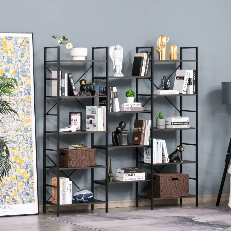 HOMCOM 5-Tier Industrial Bookcase with Open Storage, Bookshelf Display Rack with Metal Frame for Home Office, 70.75''L x 12.5''W x 70''H, Walnut