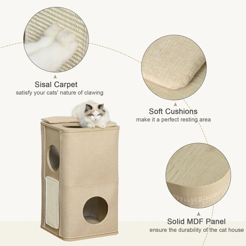 PawHut Wooden Cat Condo 3 Story Barrel Tower w/ Perch Removable Cover Cushions Sisal Scratching Carpet, Brown
