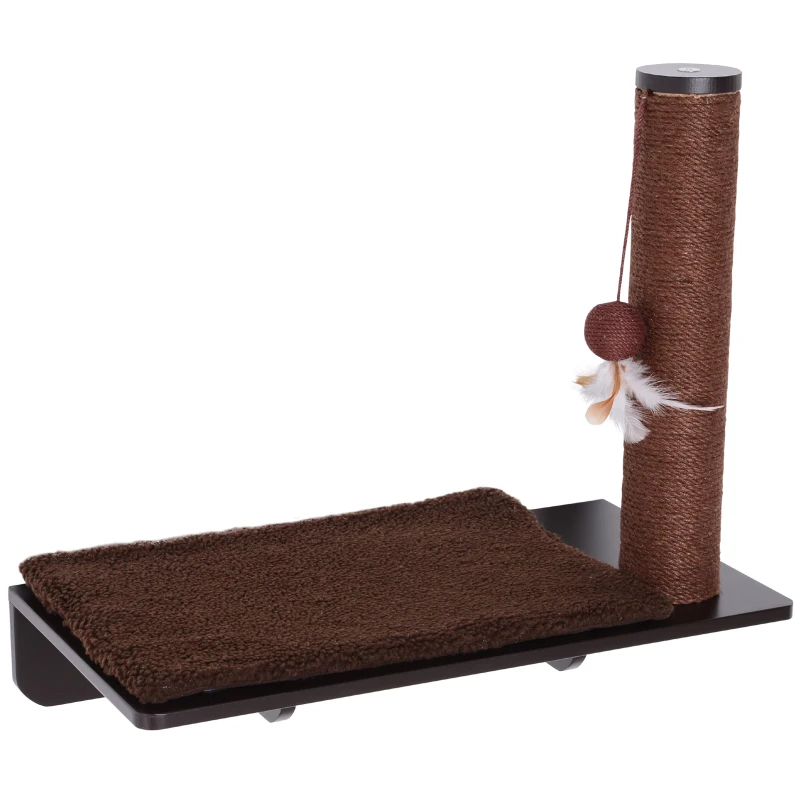 PawHut Cat Climbing Frame Shelf Wall-mounted w/ Mat and Toy Brown