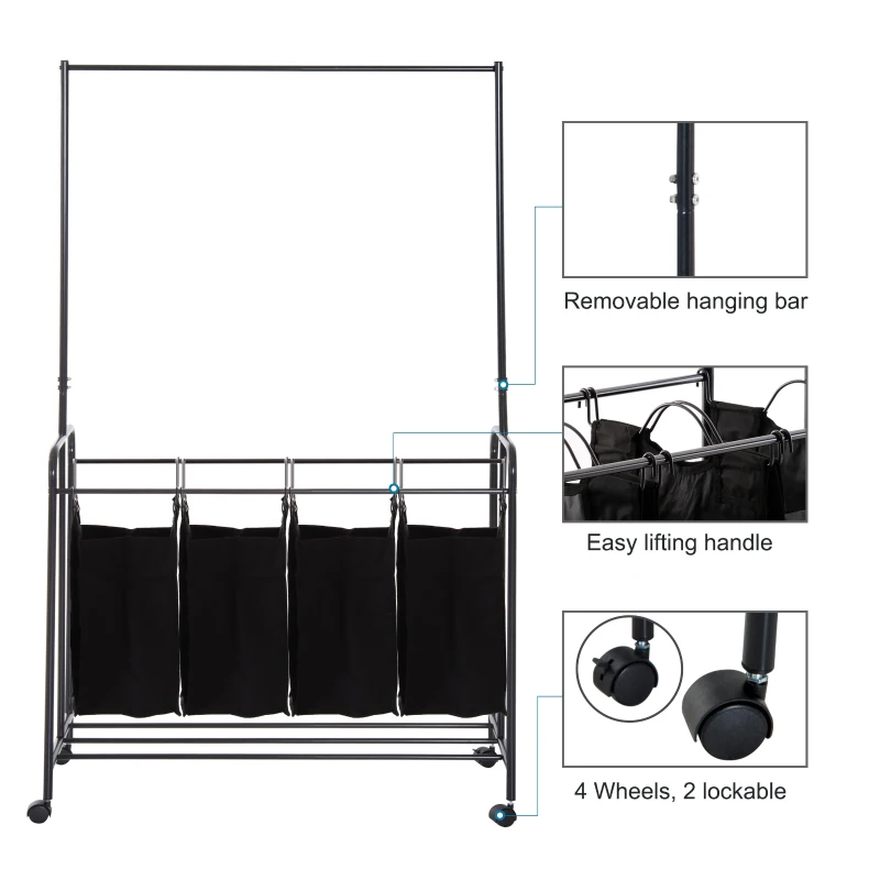 HOMCOM 4-Bag Rolling Laundry Sorter Cart Heavy Duty with Hanging Bar Large Washing Bag and Wheels Laundry Storage Black