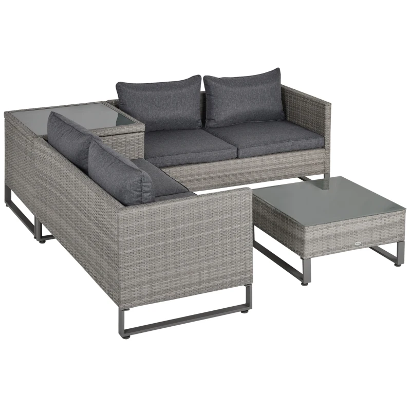 Outsunny 4 PCs PE Rattan Wicker Sofa Set Outdoor Conservatory Furniture Lawn Patio Coffee Table w/ Side Storage Box & Cushion, Grey