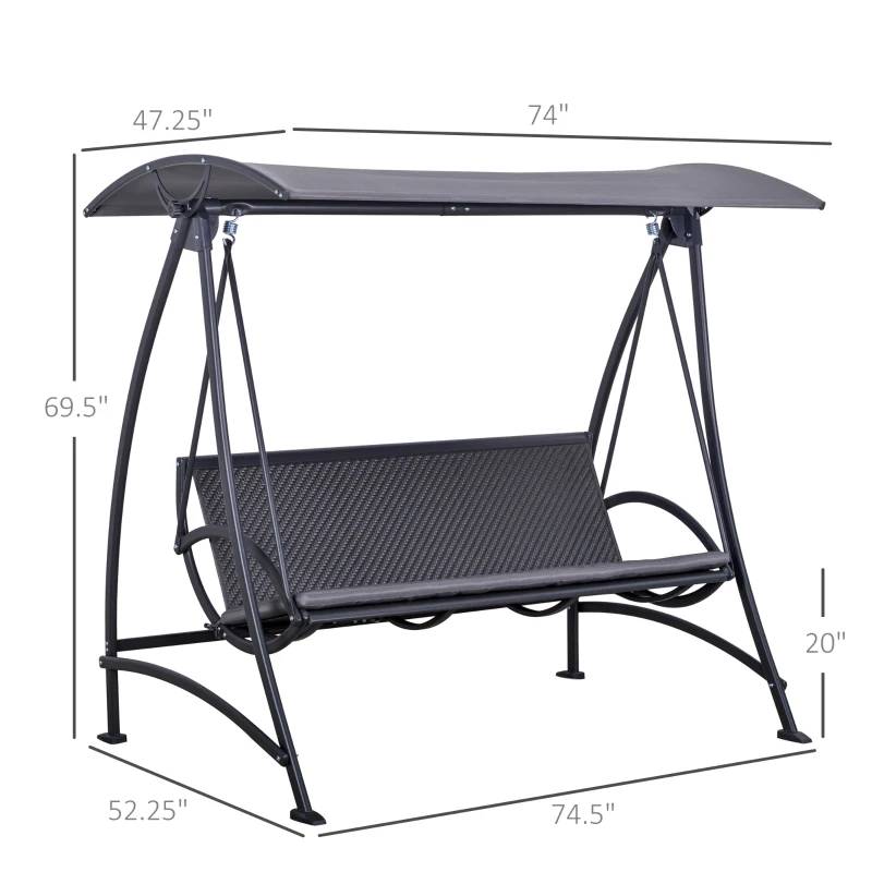 Outsunny 3 Person Rattan Swing Chair Garden Swing Bench Outdoor Hanging Porch Swing w/ Adjustable Canopy, Cushion, Steel Frame, Grey