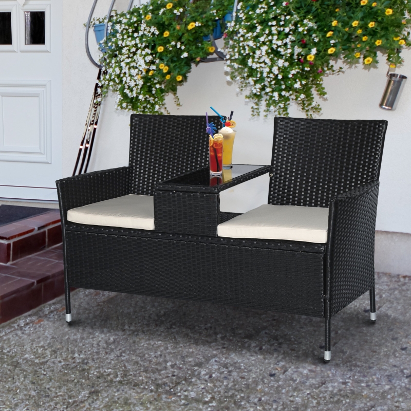 Outsunny 2 Seat Rattan Wicker Chair Bench with Tea Table All Weather Padded Seat Backyard