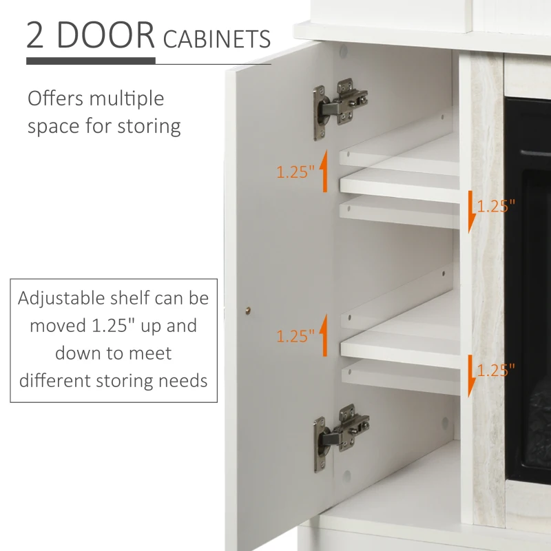 HOMCOM 45.25" W x 36.5" H Electric Fireplace Mantel TV Stand, Media Console Center Cabinet with 2 Cabinets with 2 Adjustable Shelves, and Remote Control, White