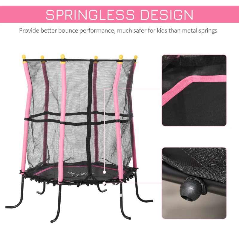 Soozier 61” Kids Trampoline Mini Indoor/Outdoor Bouncer Jumper with Enclosure Net Elastic Thick Padded Pole Gift for Child Toddler Age 3-6 Years Old Pink