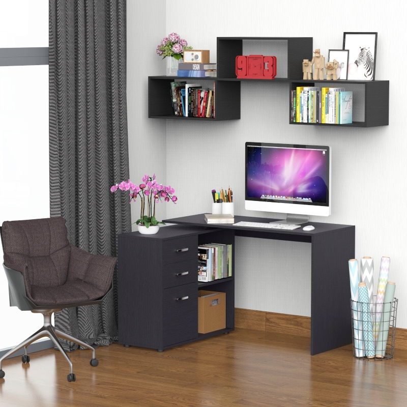 HOMCOM L-Shaped Corner Straight Writing Desk with Storage Shelf, Drawer, Home Office PC Table Computer Workstation, Black