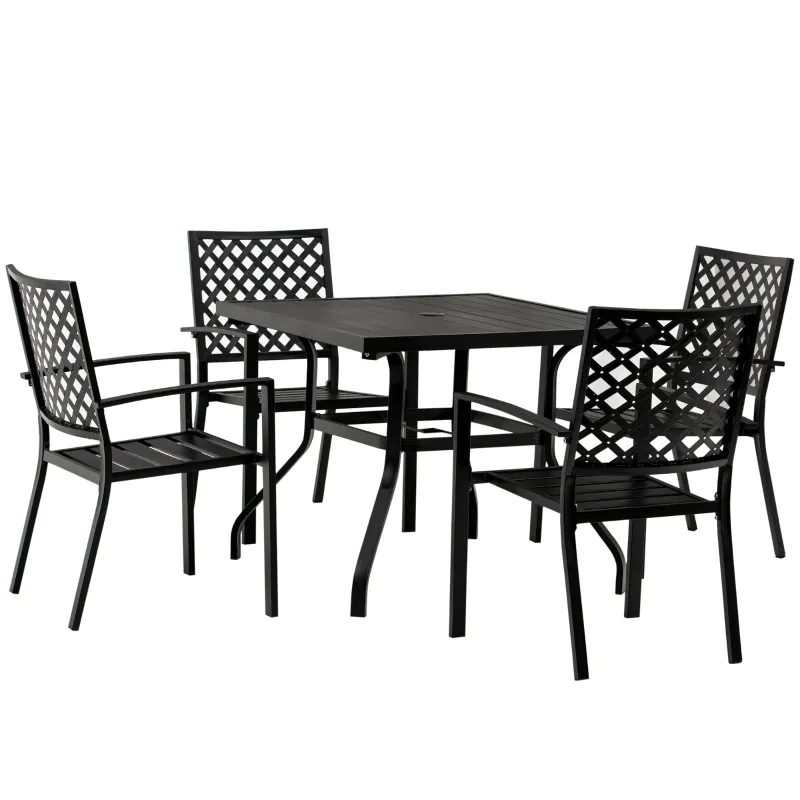 Outsunny 5 PCs Outdoor Patio Dining Set for 4 People with Table Stackable Chairs Steel Frame, Black