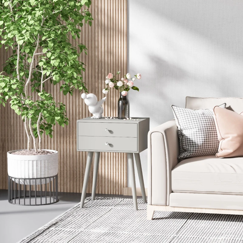 HOMCOM Side Table, Modern End Table with 2 Pull Out Drawers, Bedside Table with Display Tabletop and Solid Acacia Legs, Gray