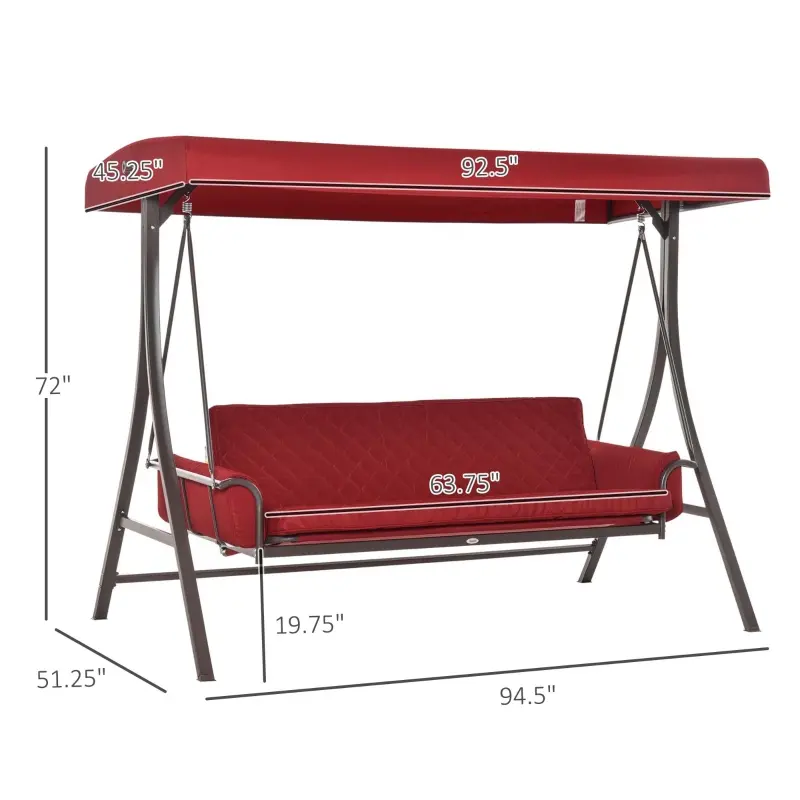 Outsunny 3-Seat Patio Swing Chair, Converting Flatbed, Outdoor Porch Swing Bed Glider with Adjustable Canopy, Removable Cushions, Pillows for Garden, Poolside, Backyard, Red