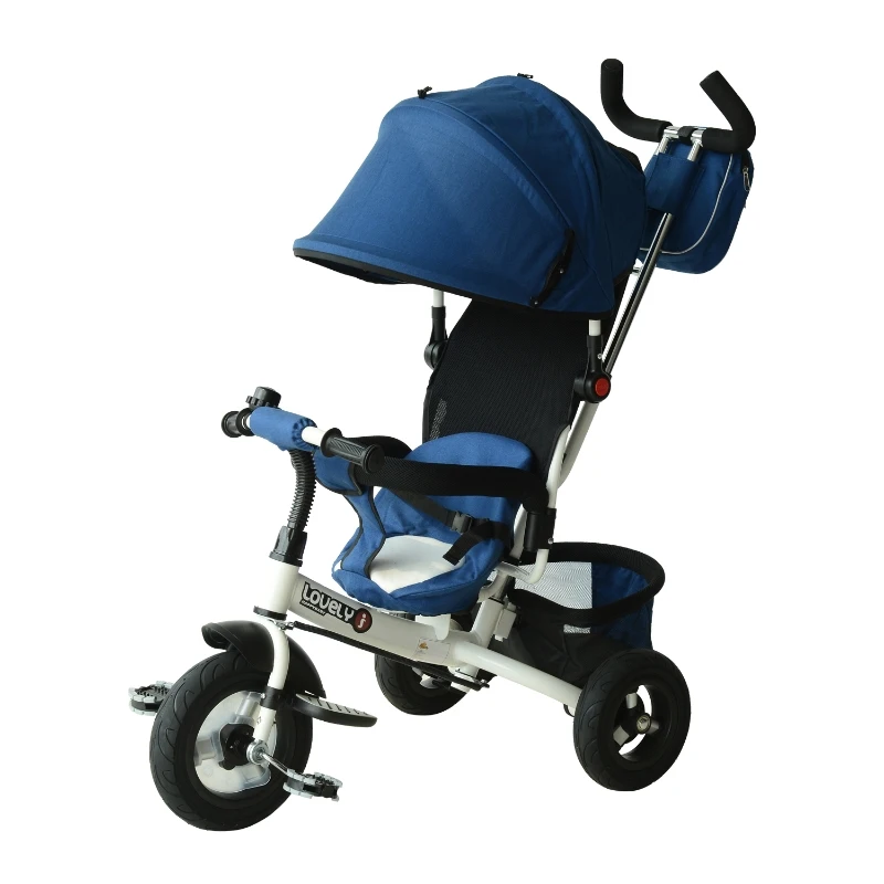 Qaba 4-in-1 Baby Tricycle & Stroller Kids Trike w/ Pushbar & Canopy Toddler Blue
