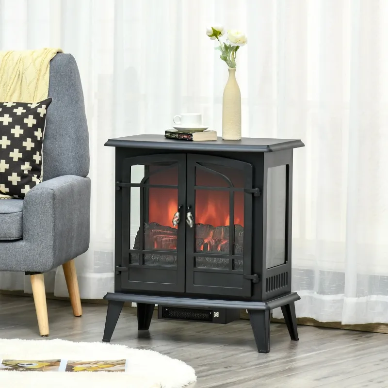 HOMCOM Electric Fireplace Heater, Freestanding Fireplace Stove with Realistic LED Log Flames and Overheating Safety Protection, 1400W, Black