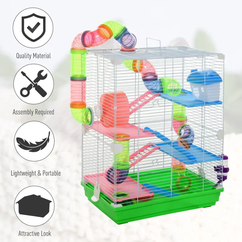 PawHut 5 Tiers Hamster Cage Portable Animal Travel Carrier w/ Exercise Wheels Tube